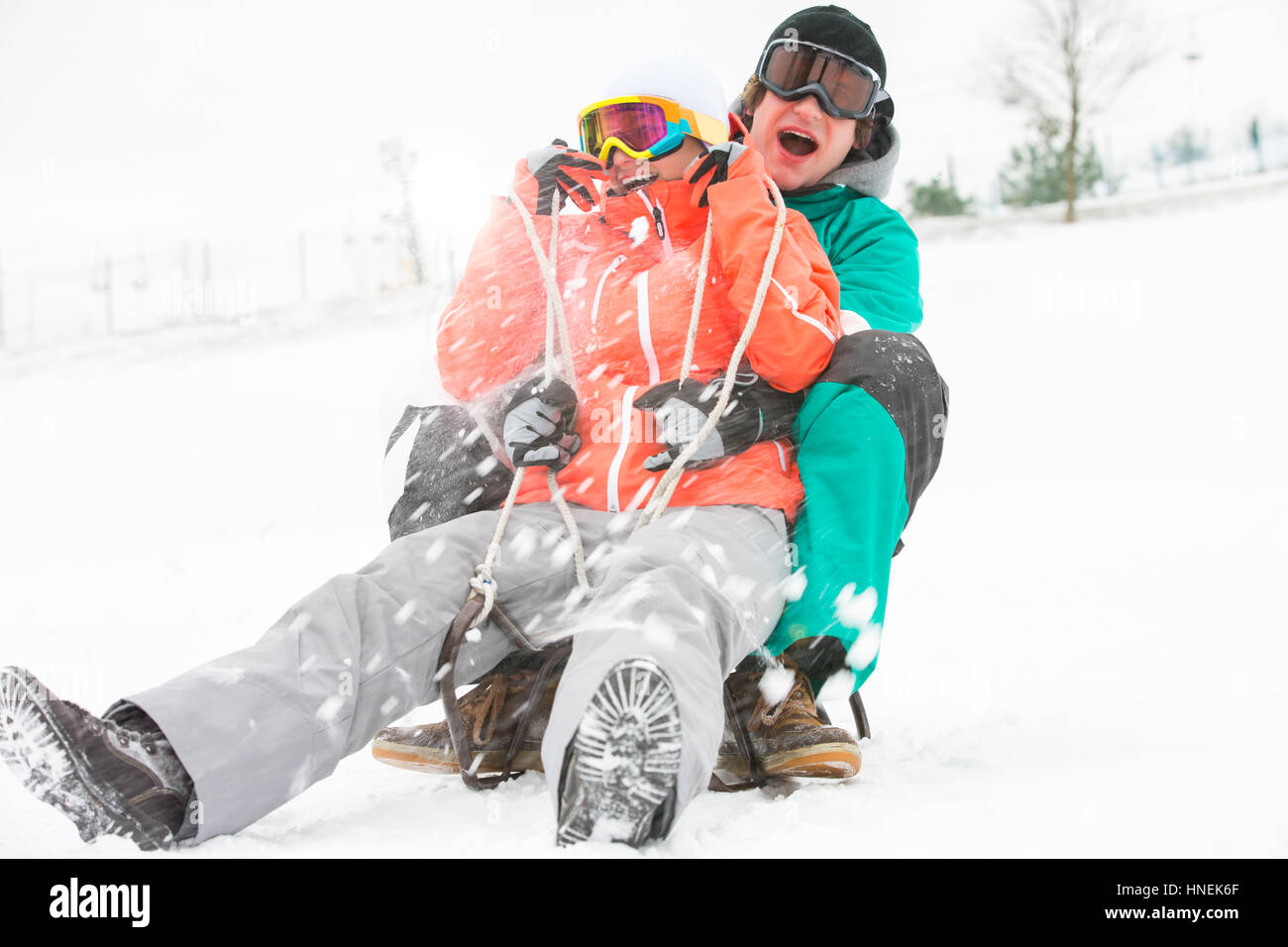 Emozionato coppia giovane slittino nella neve Foto Stock
