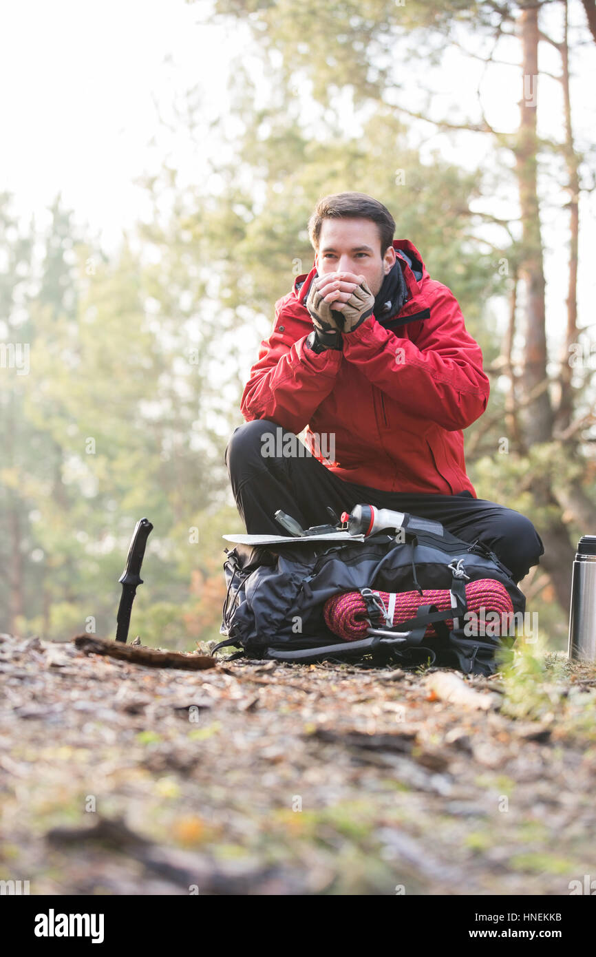 Maschio riscaldamento backpacker mani mentre guarda lontano nella foresta Foto Stock