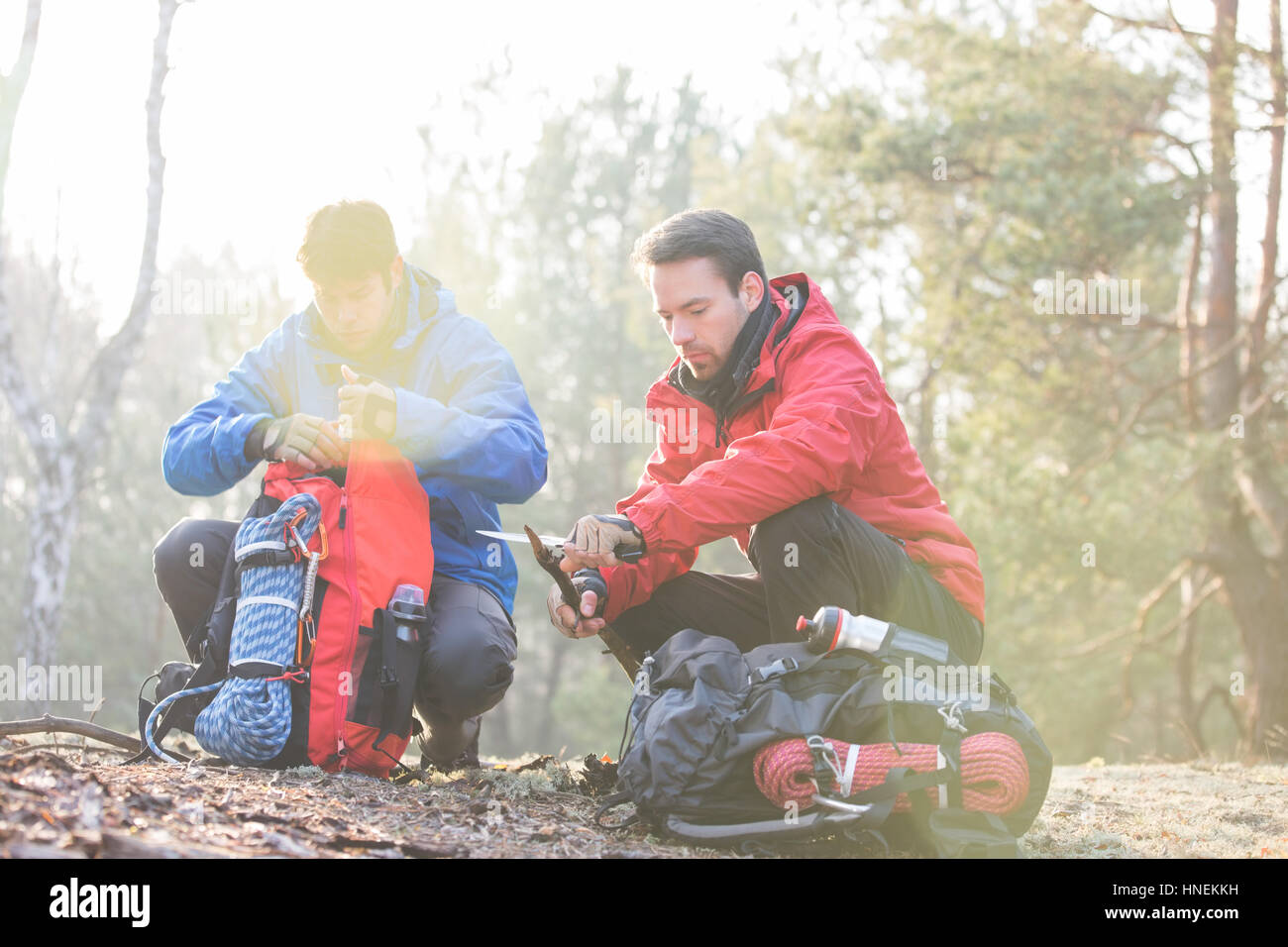Backpacker maschio con amico whittling legno in foresta Foto Stock