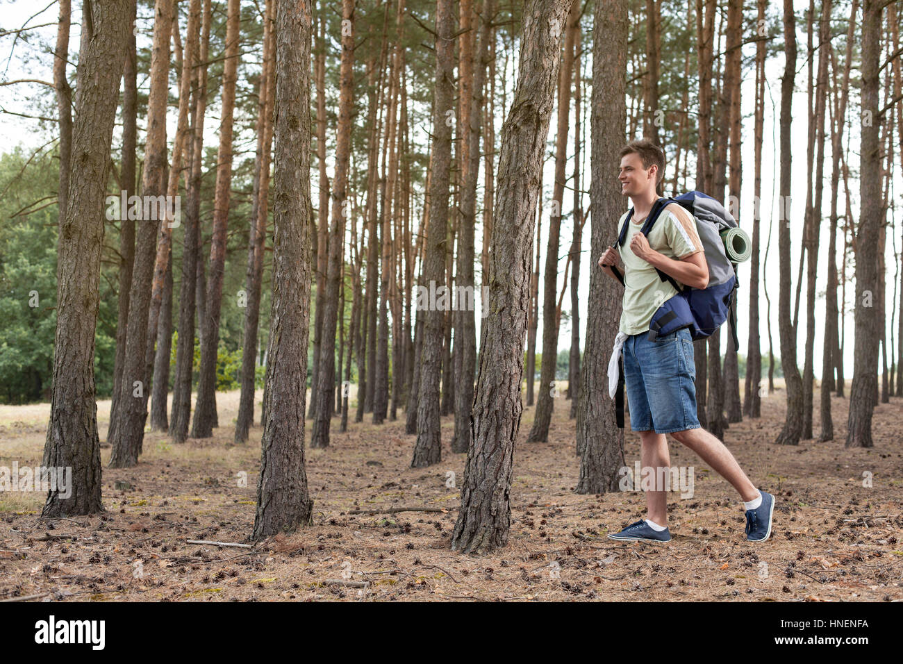 Per tutta la lunghezza della giovane con uno zaino passeggiate in foresta Foto Stock