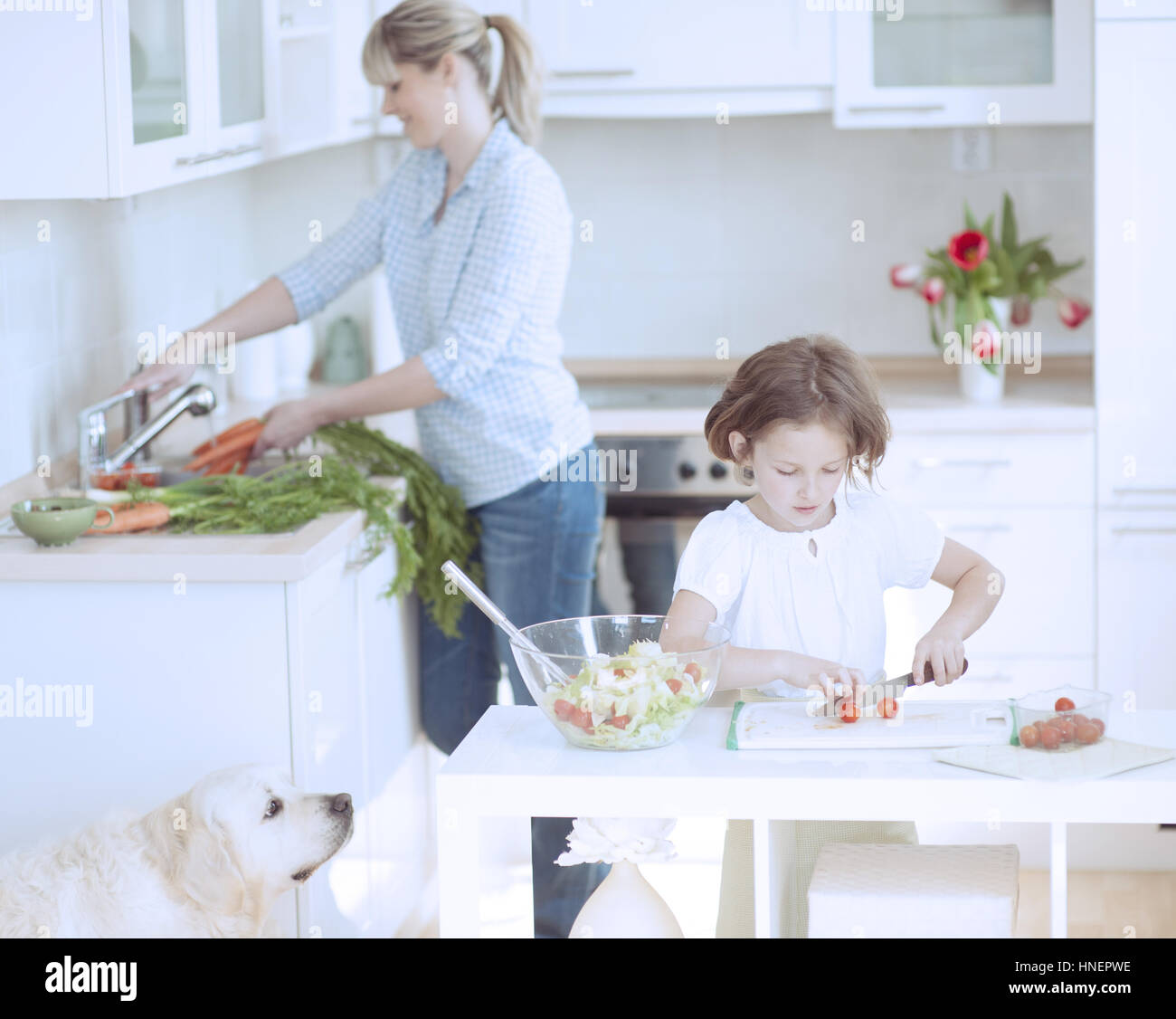 Madre e figlia (8-9) la preparazione di pasto sano in cucina Foto Stock