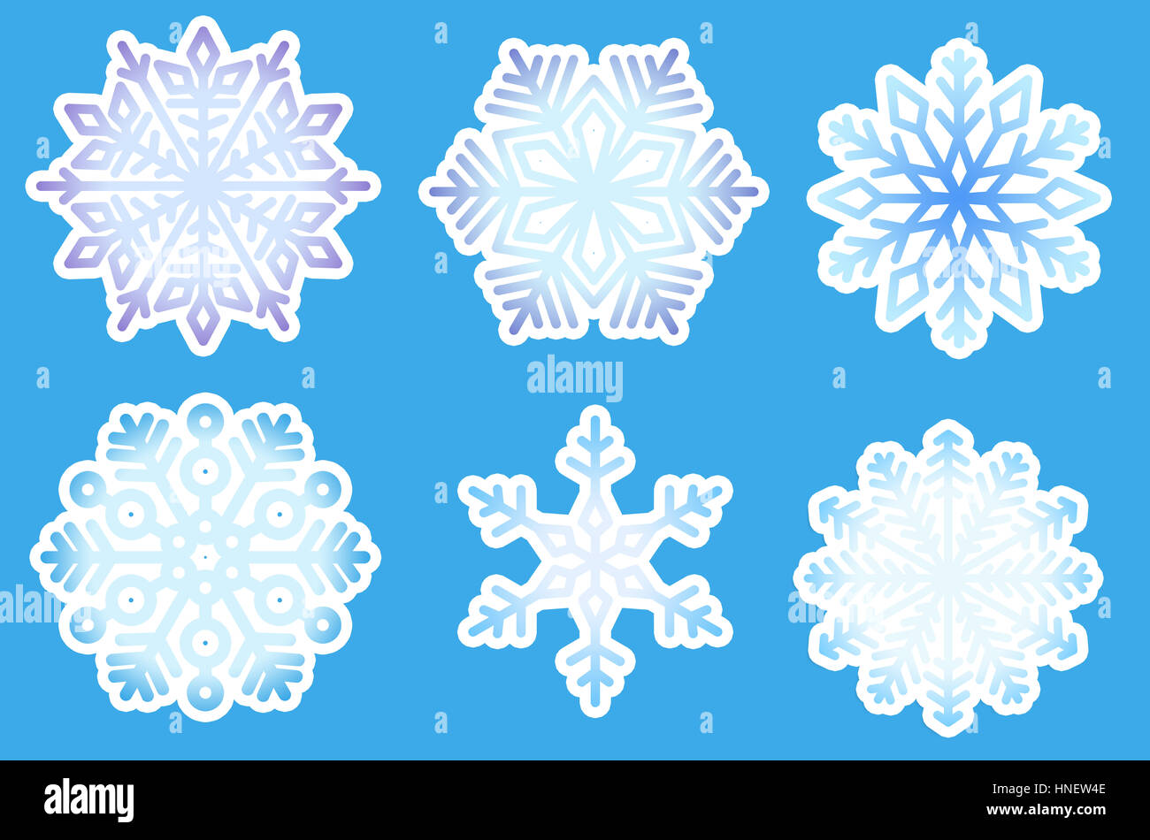 Set di fiocchi di neve. Elementi d'inverno. Fiocchi di neve blu su sfondo blu. Configurazione astratta. Gradiente Foto Stock