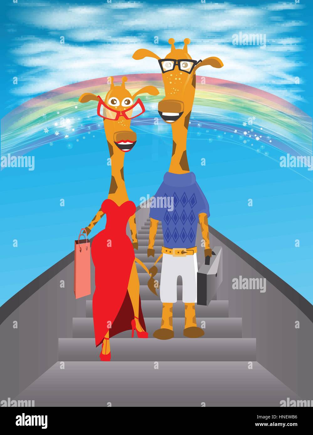 Giraffe illustrazione. Scendere dalla scala al cielo con un arcobaleno e nuvole. baby picture. Cartoon. utilizzata per la stampa, sito web, design, decorazione, Illustrazione Vettoriale
