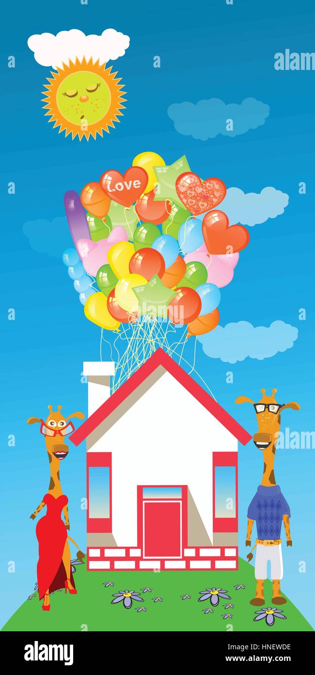 Giraffe illustrazione. con un sacco di palloncini in casa. baby picture. Cartoon. utilizzata per la stampa, sito web, progettazione, decorazione, panno, smartphone, tabella Illustrazione Vettoriale