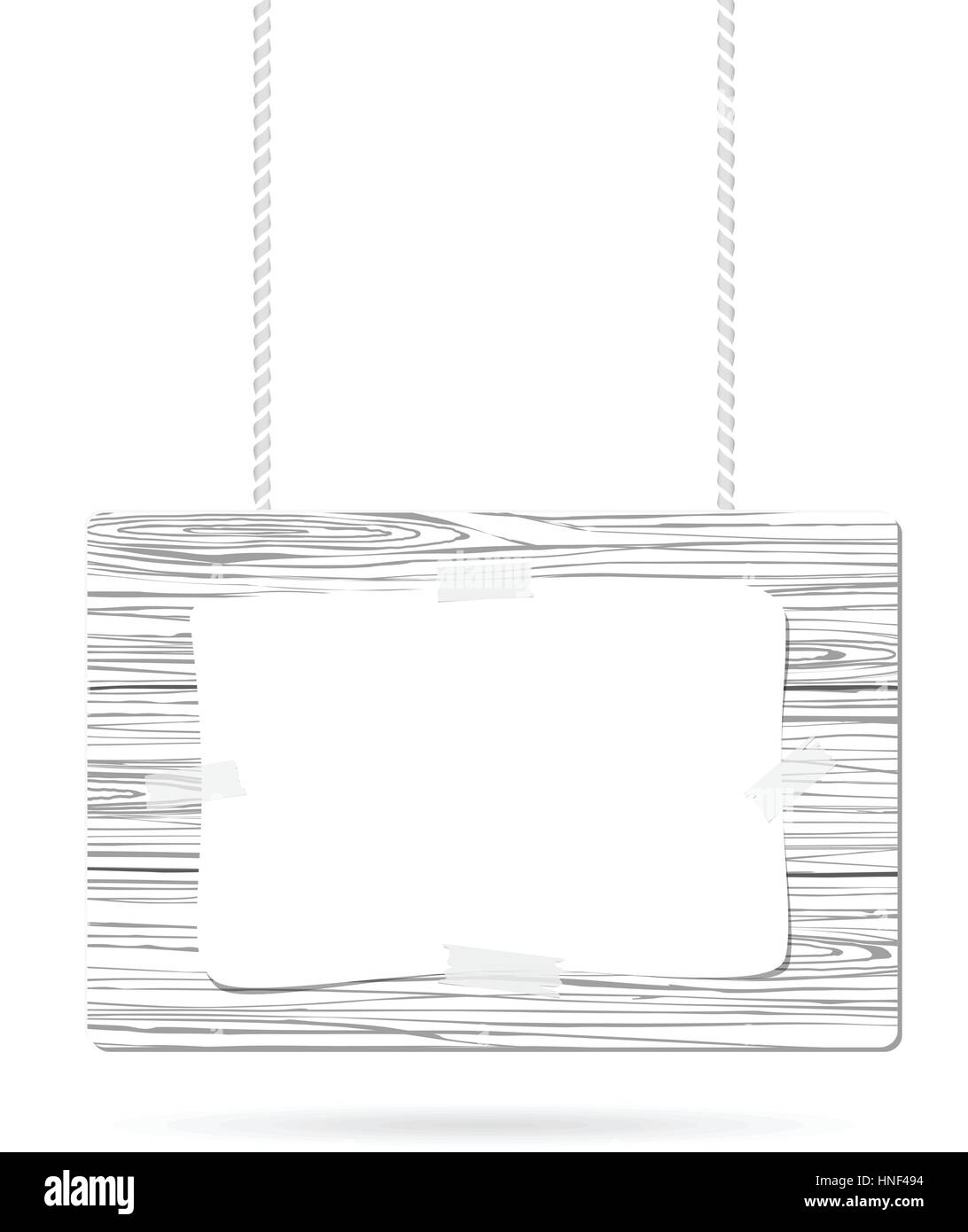 White cartello in legno con corda e carta appeso con ombra Illustrazione Vettoriale