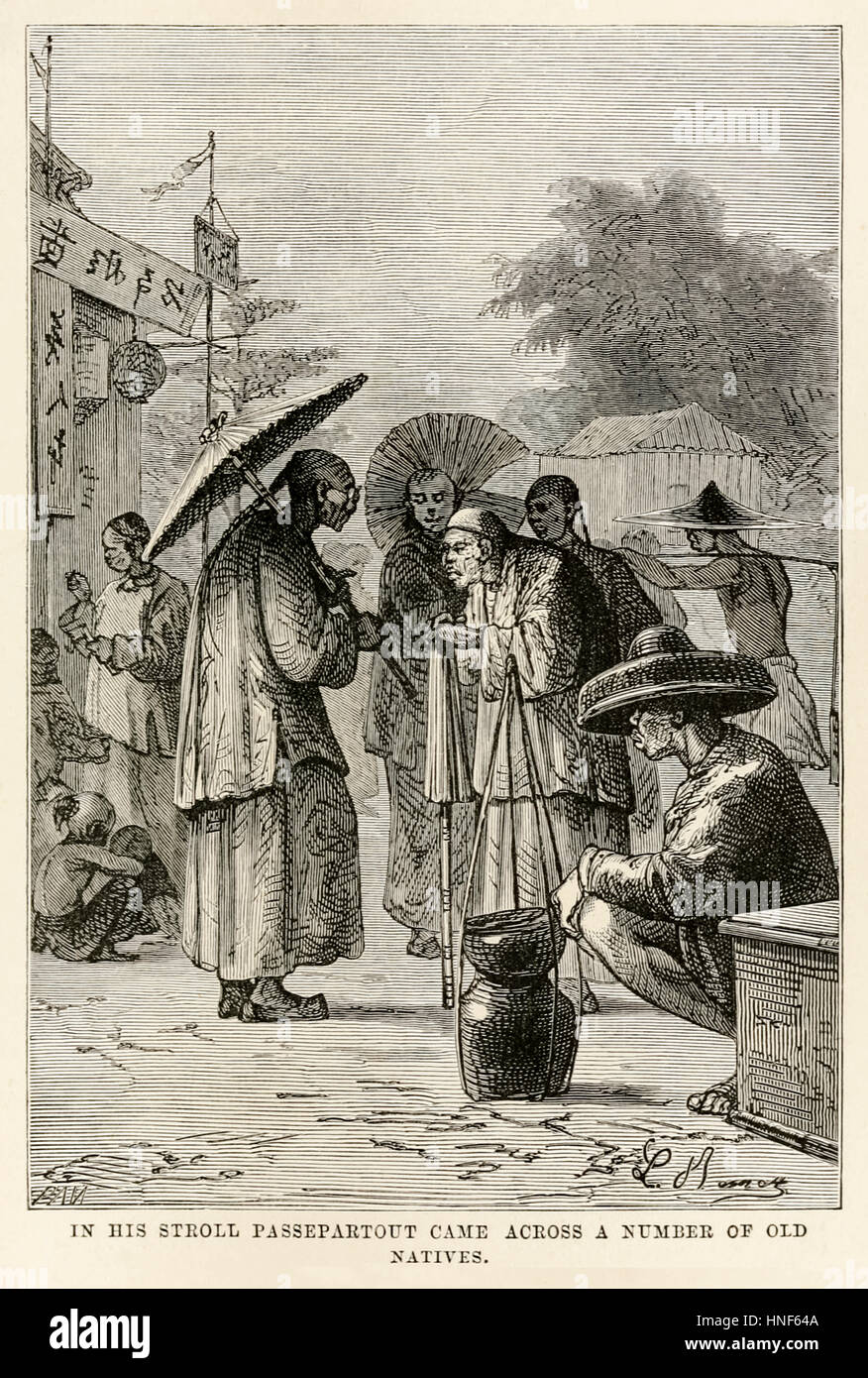 "Nella sua passeggiata Passpartout venuto attraverso un numero di vecchi nativi." Da "il giro del mondo in ottanta giorni " di Jules Verne (1828-1905), pubblicato nel 1873 con illustrazioni di Alphonse-Marie-Adolphe de Neuville (1835-1885) e Léon Benet (1839-1917) e incisioni di Louis Dumont (nato 1822) e Adolphe François Pannemaker (1822-1900). Foto Stock "Nella sua passeggiata Passpartout venuto attraverso un numero di vecchi nativi." Da "il giro del mondo in ottanta giorni " di Jules Verne (1828-1905), pubblicato nel 1873 con illustrazioni di Alphonse-Marie-Adolphe de Neuville (1835-1885) e Léon Benet (1839-1917) e incisioni di Louis Dumont (nato 1822) e Adolphe François Pannemaker (1822-1900). Foto Stock