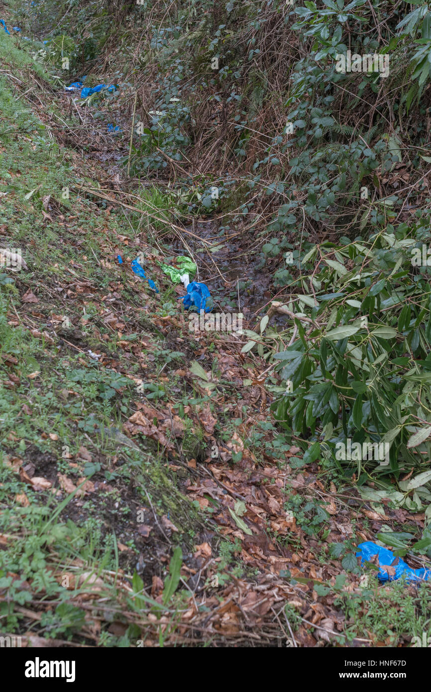 Inquinamento ambientale in forma o su strada e di siepe rifiuti scartati dal pubblico. Rifiuti di plastica, guerra sul concetto di plastica, rifiuti plastici. Foto Stock