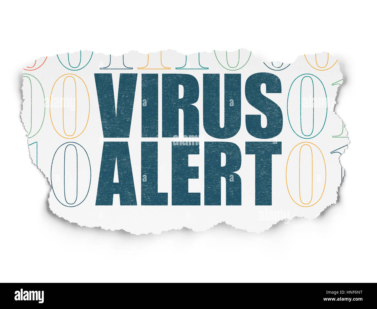 Concetto di sicurezza: dipinto di blu testo Allarme Virus su carta strappata con uno sfondo con codice binario Foto Stock