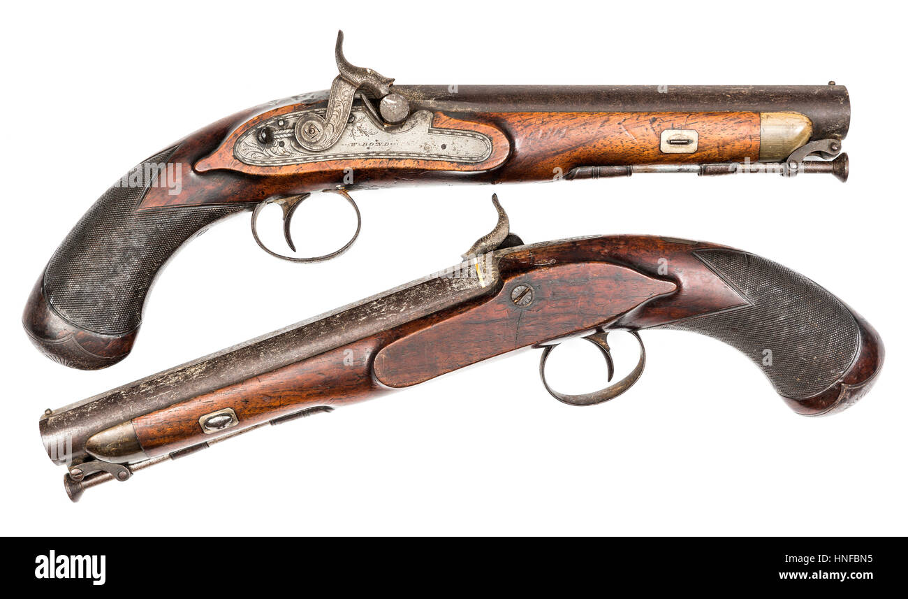 Una coppia di inglese William Bond del XIX secolo flintlock pistols Foto Stock