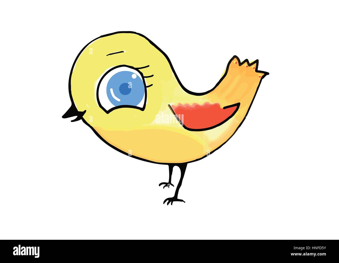Illustrazione di un felice uccello giallo. Concetto, Pasqua, felicità, la gioia, la gioia, cuteness, canzone. Foto Stock