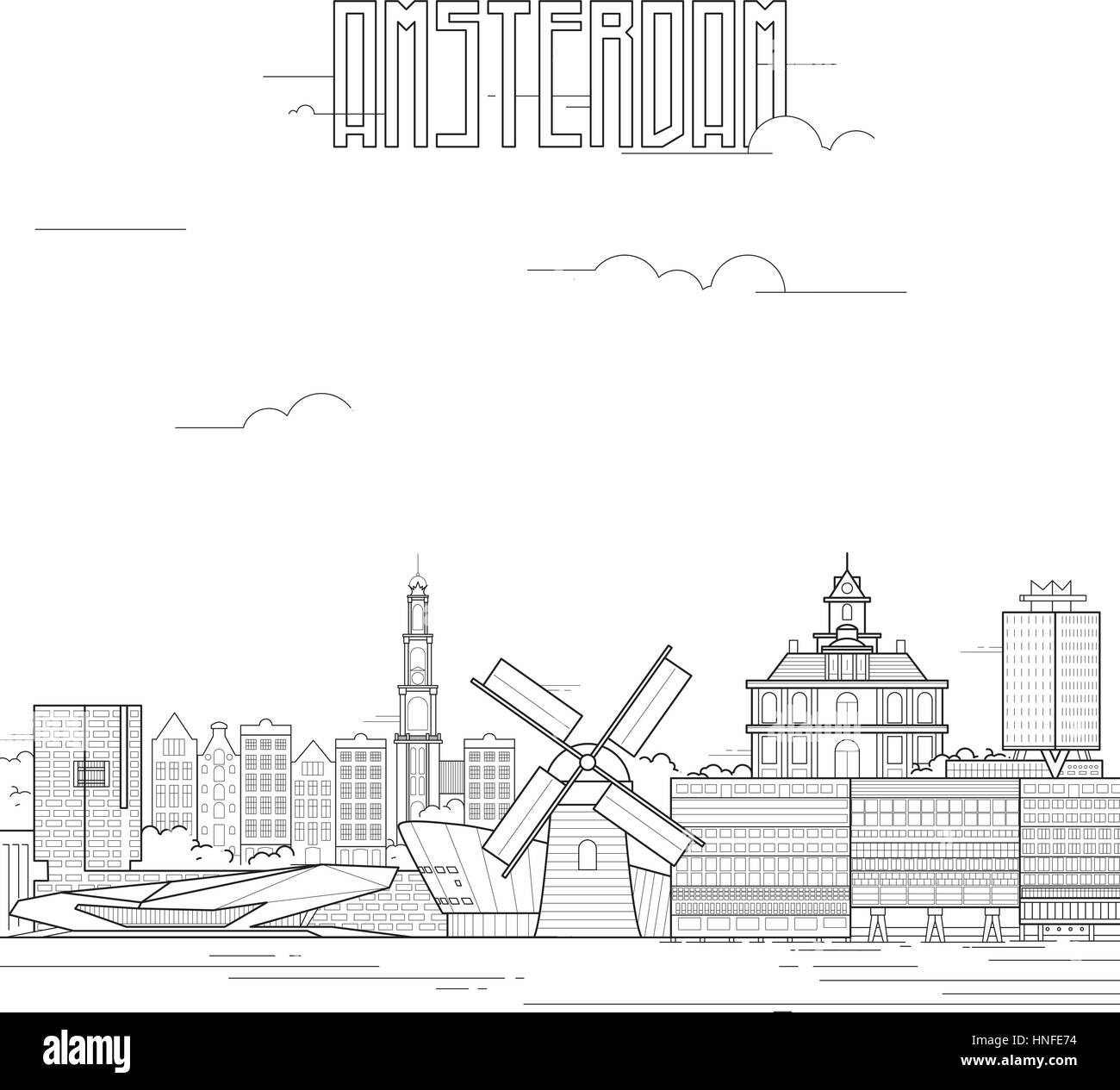 La città di Amsterdam con edifici iconici. Line art design piatto. Illustrazione Vettoriale. Illustrazione Vettoriale