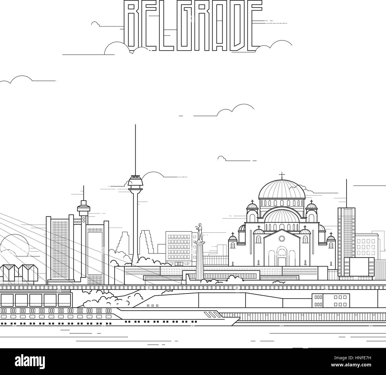 Città di Belgrado con edifici iconici. Line art design piatto. Illustrazione Vettoriale. Illustrazione Vettoriale