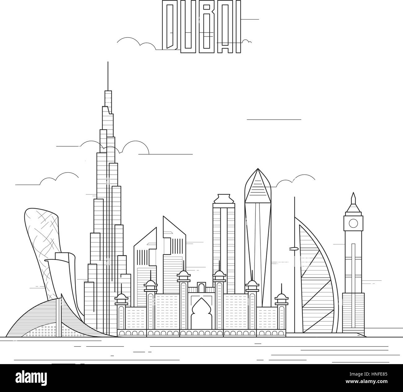 Dubai City con edifici iconici. Line art design piatto. Illustrazione Vettoriale. Illustrazione Vettoriale