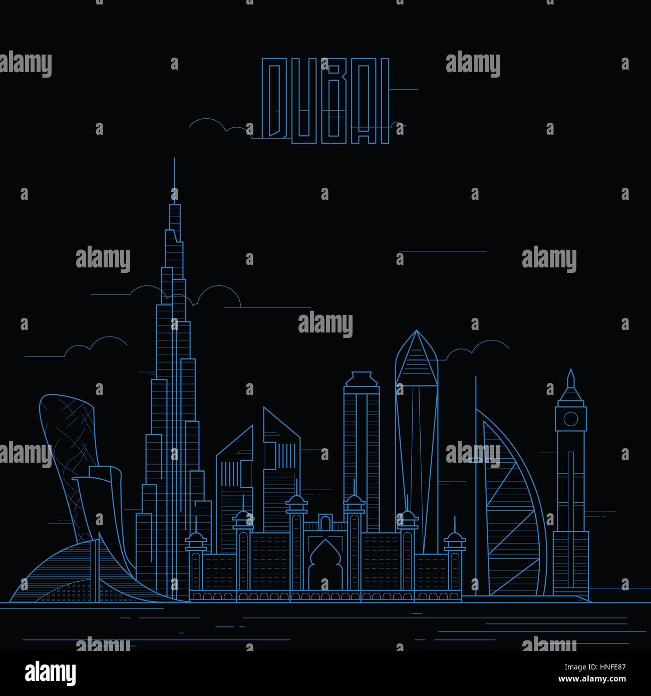 Dubai City con edifici iconici. Line art design piatto. Illustrazione Vettoriale. Illustrazione Vettoriale