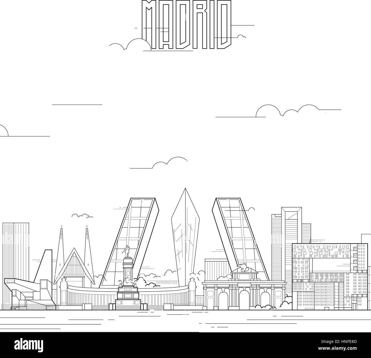 La città di Madrid con edifici iconici. Line art design piatto. Illustrazione Vettoriale. Illustrazione Vettoriale