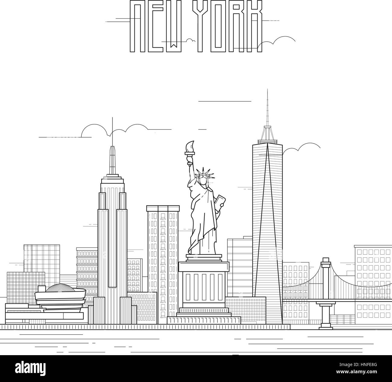 La città di New York con edifici iconici. Line art design piatto. Illustrazione Vettoriale. Illustrazione Vettoriale