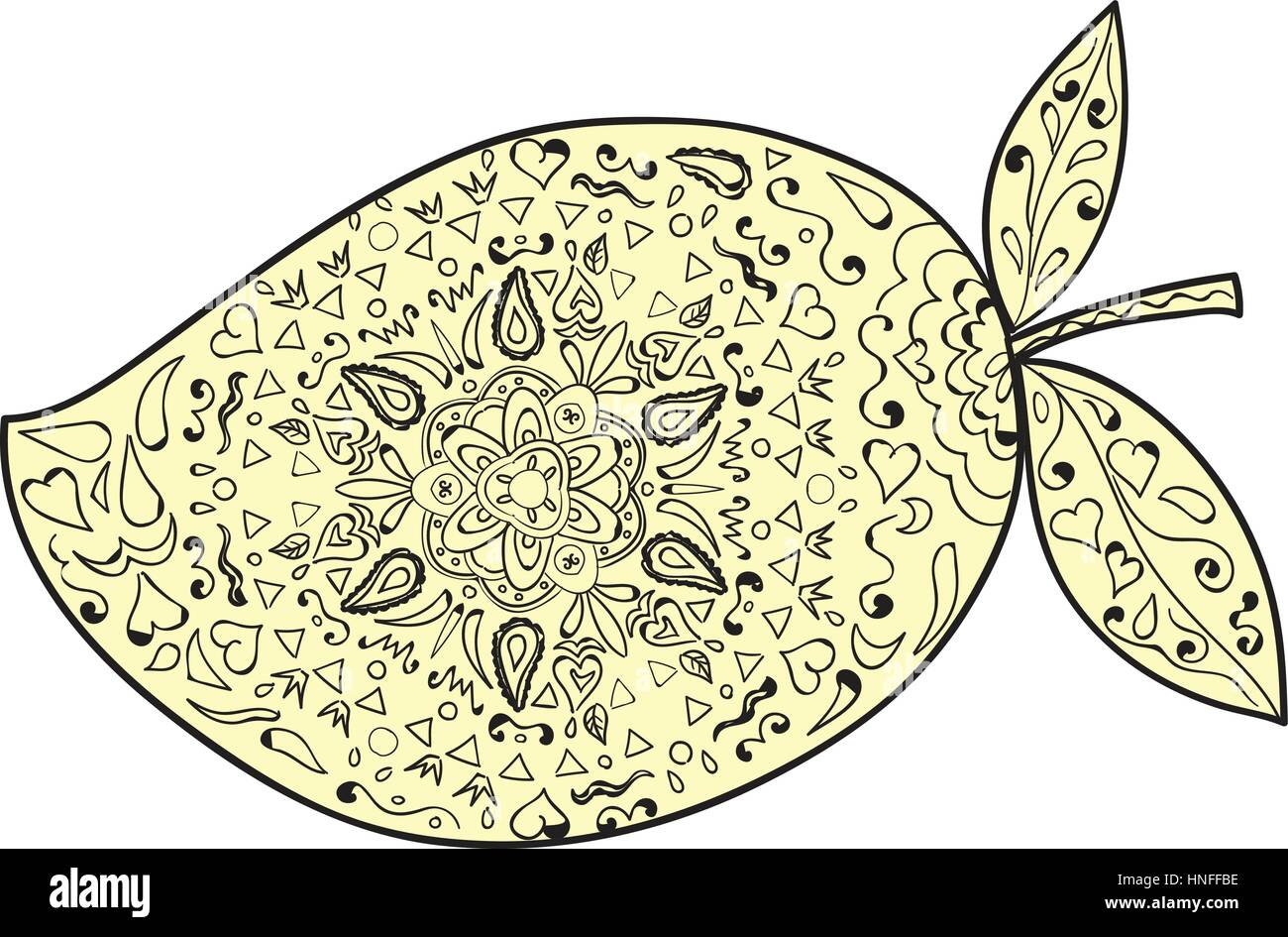 Stile Mandala illustrazione di un mango, una succosa tropical frutta a nocciolo drupa appartenenti al genere Mangifera impostato su isolato sullo sfondo bianco. Illustrazione Vettoriale