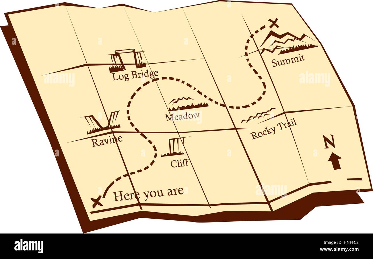 "Illustrazione di un sentiero ripiegato Mappa con ÒXÓ segna il punto , "Qui si sta' linea tratteggiata il sentiero di avvolgimento con indicatori per la scogliera, burrone, log bridg Illustrazione Vettoriale