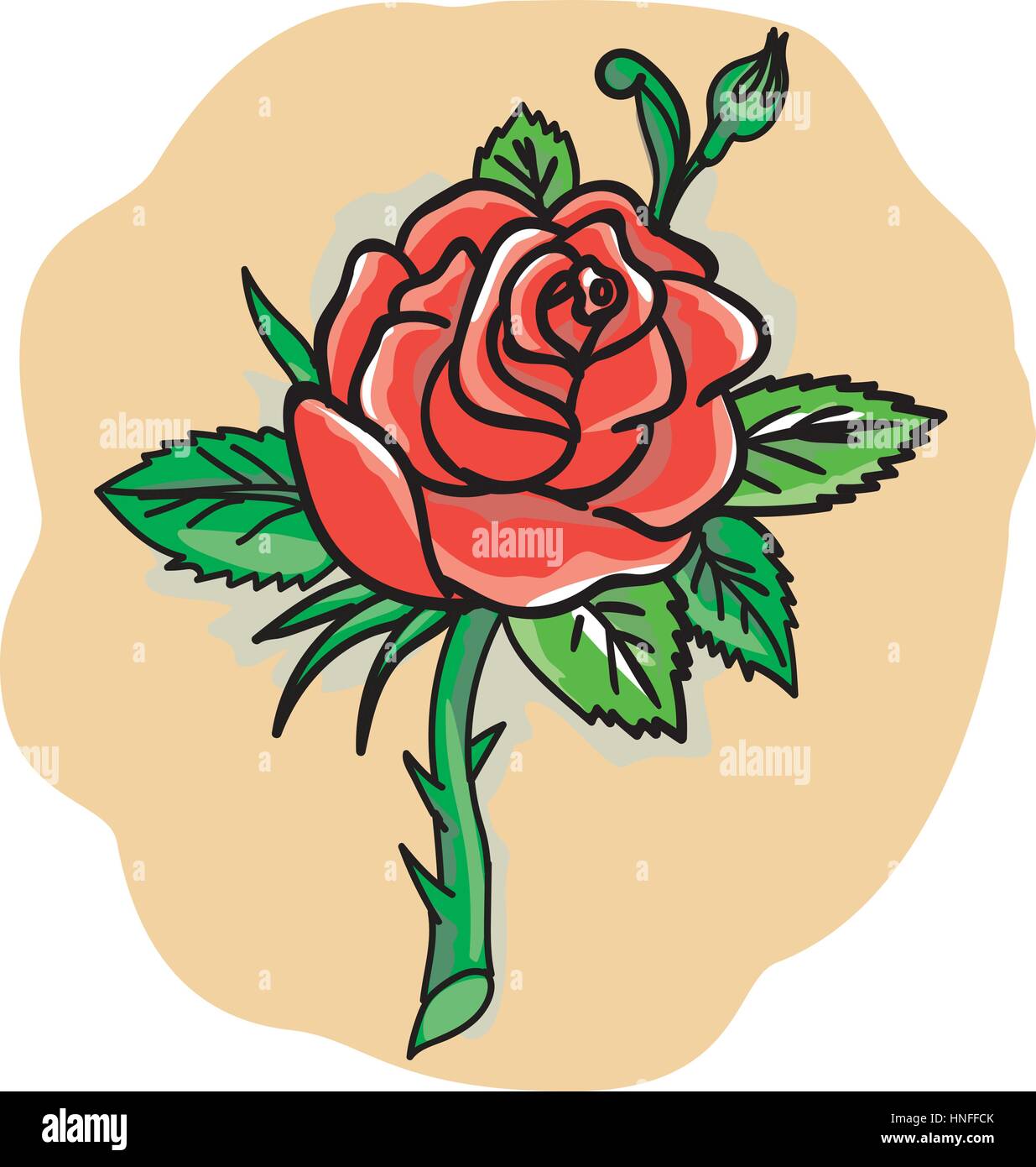 Lo stile di tatuaggio illustrazione di una rosa rossa bud con foglie su un gambo con set di spine isolate su sfondo bianco. Illustrazione Vettoriale