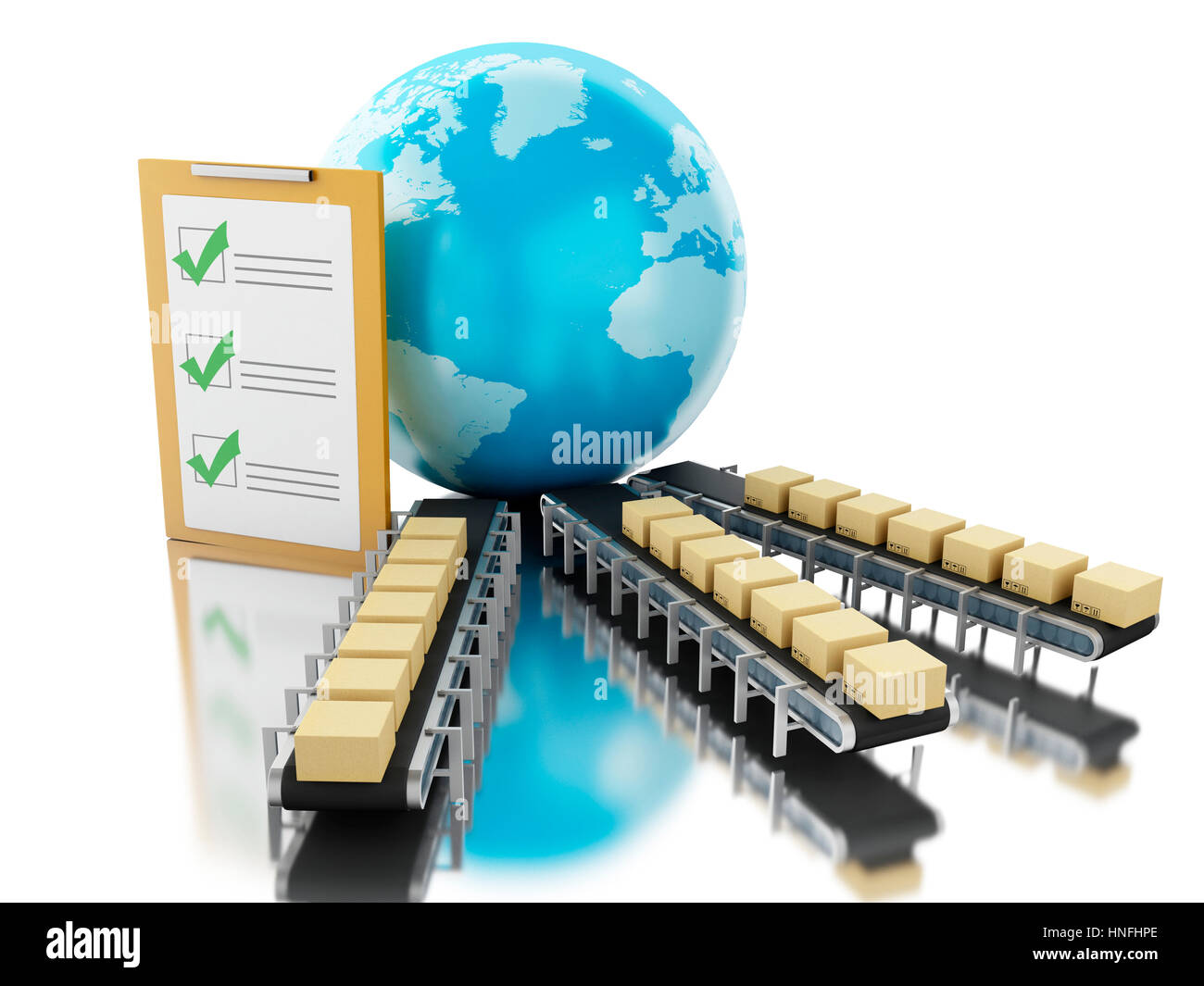 3D renderer immagine. Scatole di cartone sul nastro trasportatore con elenco di controllo. Spedizione globale e il concetto di consegna. Isolato sullo sfondo bianco. Foto Stock