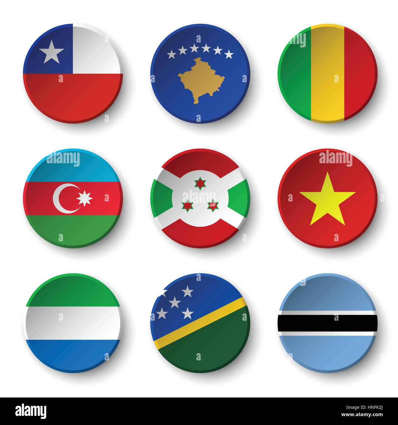 Set di bandiere del mondo badge rotondo ( Cile . Il Kosovo . Mali . Azerbaigian . Burundi . Il Vietnam . Sierra Leone . Isole Salomone . Il Botswana ) Illustrazione Vettoriale