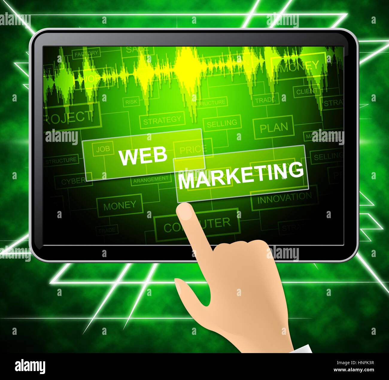 Web Marketing Tablet mostra sito Sem e Media 3D illustrazione Foto Stock