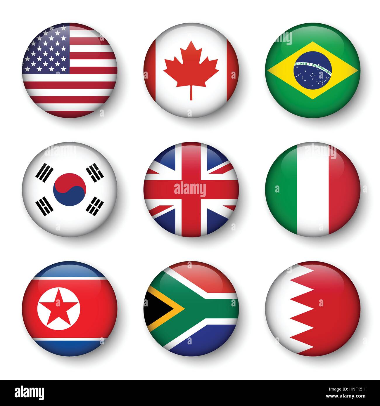 Set di bandiere del mondo badge rotondo ( Stati Uniti d'America . Canada . Il Brasile . Corea del Sud . Regno Unito di Gran Bretagna . Italia . La Corea del Nord . Il Sud Africa . Bahrain Illustrazione Vettoriale