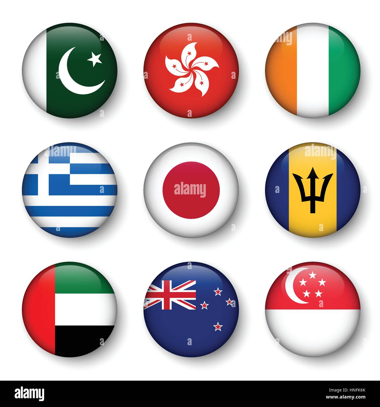 Set di bandiere del mondo badge rotondo ( Pakistan . Hong Kong . La Costa d Avorio . Grecia . Il Giappone . Barbados . Emirati Arabi Uniti . Nuova Zelanda . Singapore ) Illustrazione Vettoriale
