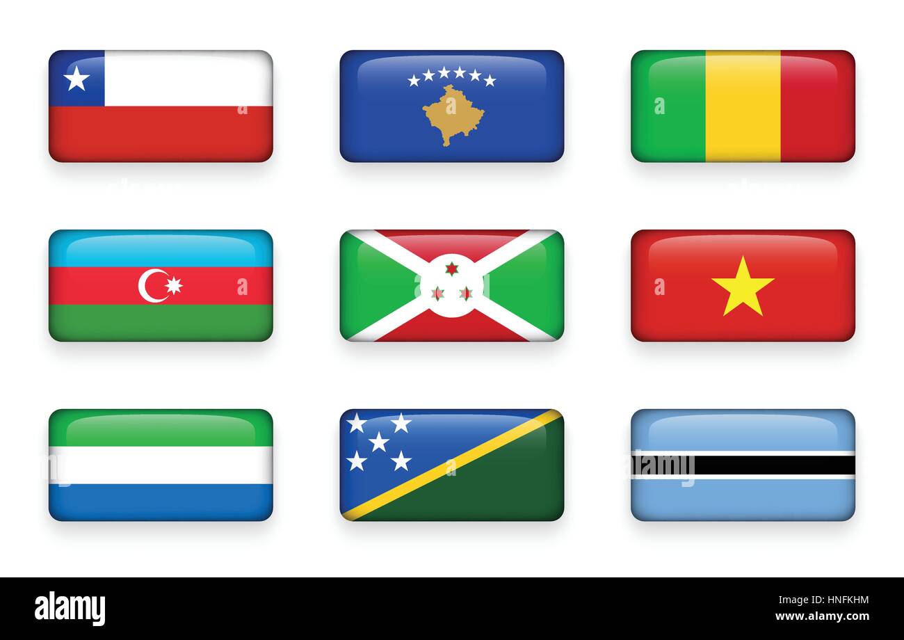Set di bandiere del mondo rettangolo pulsanti ( Cile . Il Kosovo . Mali . Azerbaigian . Burundi . Il Vietnam . Sierra Leone . Isole Salomone . Il Botswana ) Illustrazione Vettoriale
