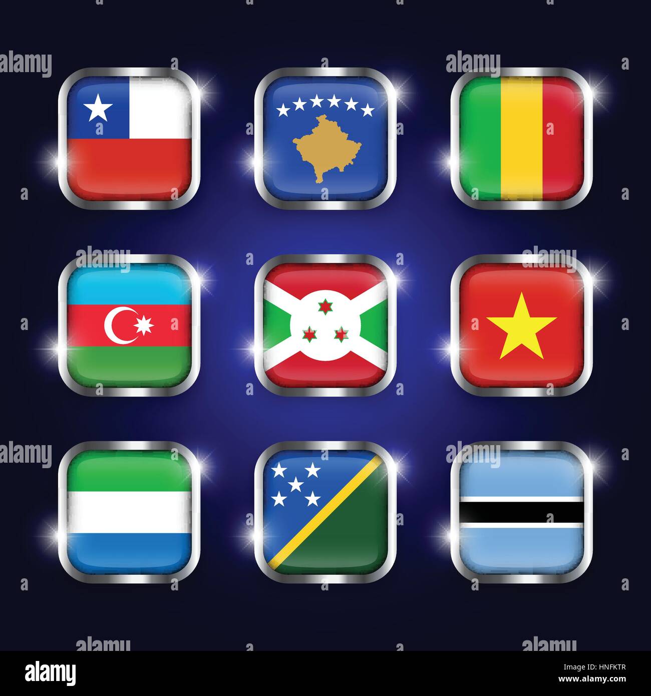 Set di bandiere del mondo quadrangolare pulsanti di vetro con bordo in acciaio e twinkle ( Cile . Il Kosovo . Mali . Azerbaigian . Burundi . Il Vietnam . Sierra Leone . Illustrazione Vettoriale