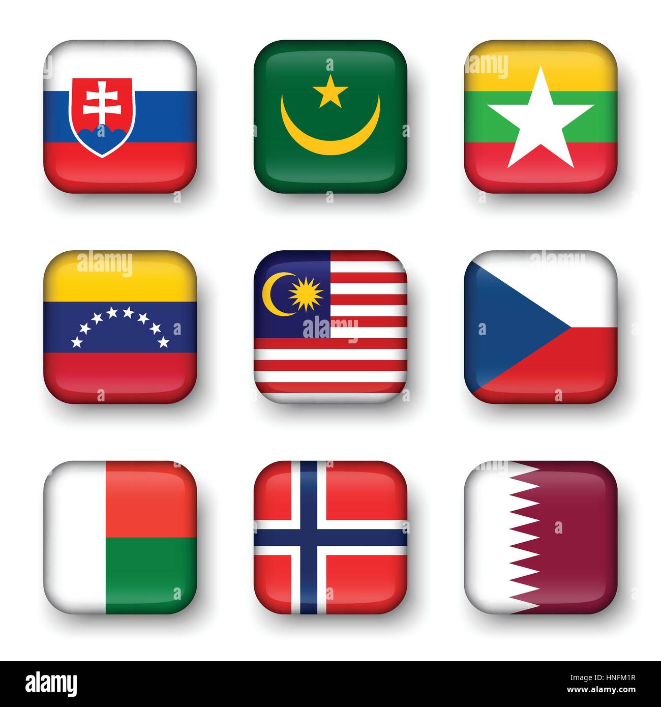 Set di bandiere del mondo badge quadrangolare ( Slovacchia . La Mauritania . Myanmar . Venezuela . Malaysia . Repubblica ceca . Madagascar . In Norvegia . Il Qatar ) Illustrazione Vettoriale
