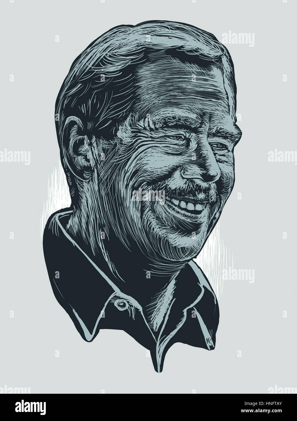 Disegno della Repubblica ceca ex-Presidente Vaclav Havel, autore di opere teatrali, filosofo. Febbraio 2017. Blu e i toni di grigio. Foto Stock