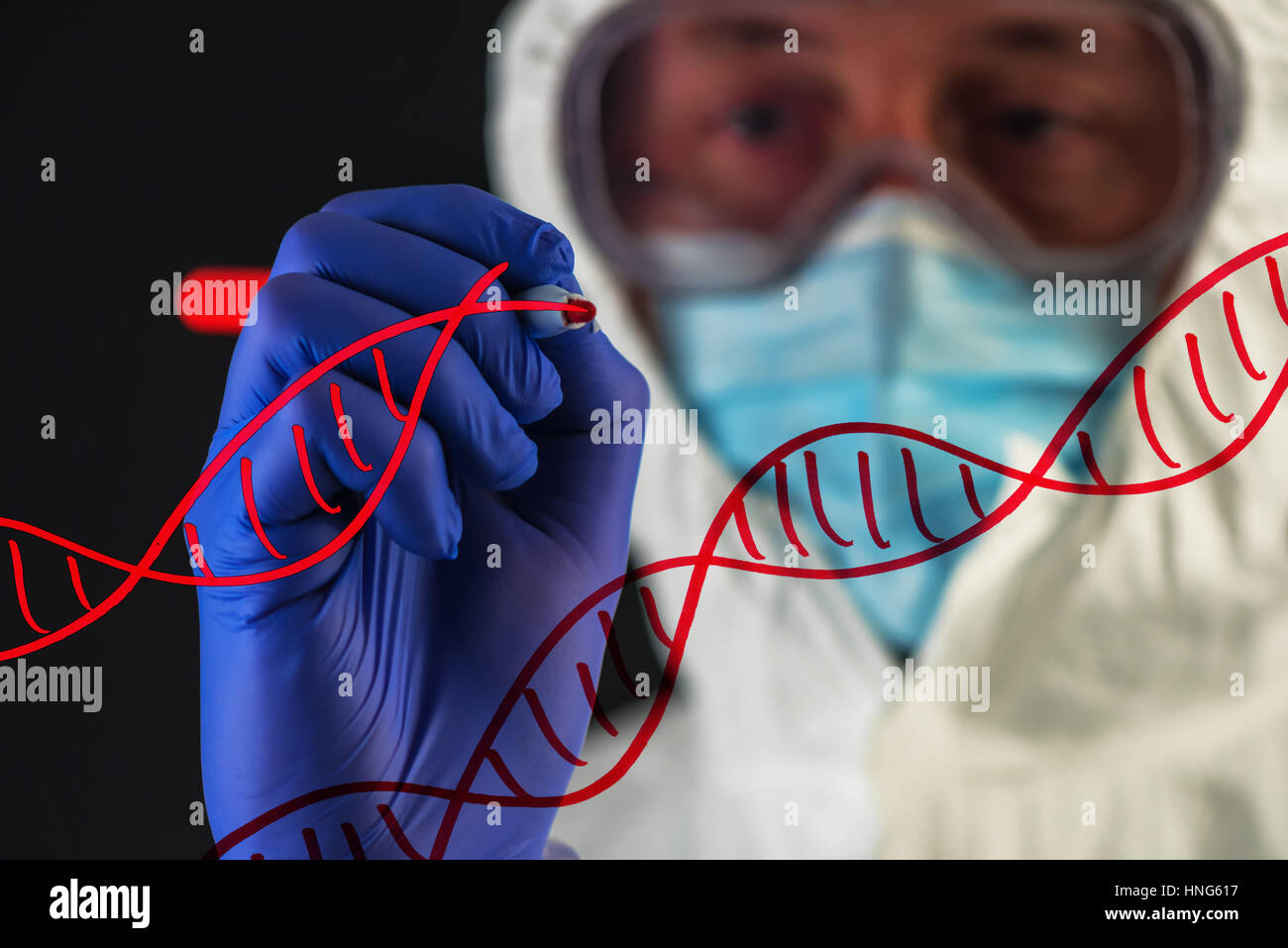 Ingegneria genetica e la scienza, scienziato indossando indumenti di protezione lavora in laboratorio Foto Stock