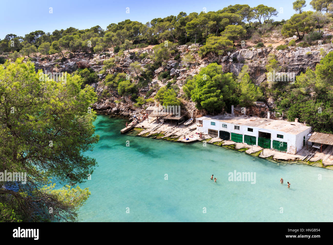 Il Cove e capanne di pesca a Cala Pi, Mallorca Foto Stock