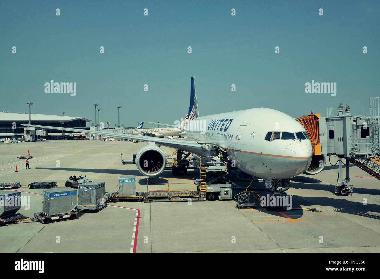 TOKYO, Giappone - 15 Maggio: carico aereo cargo presso l'aeroporto di Narita il 15 maggio 2013 a Tokyo. Tokyo è la capitale del Giappone e la più popolosa metropol Foto Stock