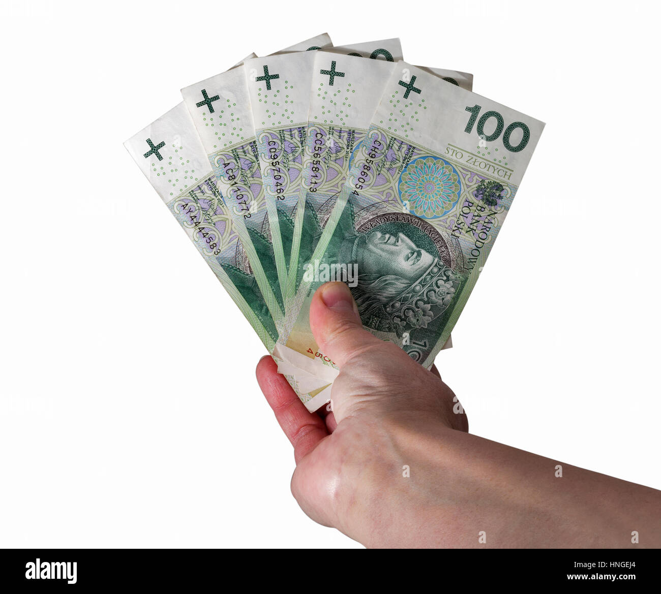 Man mano che tiene lo zloty polacco cento banconote isolati su sfondo bianco closeup Foto Stock