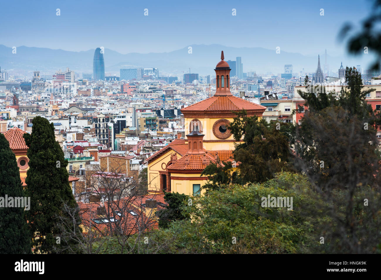 Vista dello skyline della città dal Museo delle Arti sul monte Montjuich. La Catalogna, Spagna. Europa Foto Stock