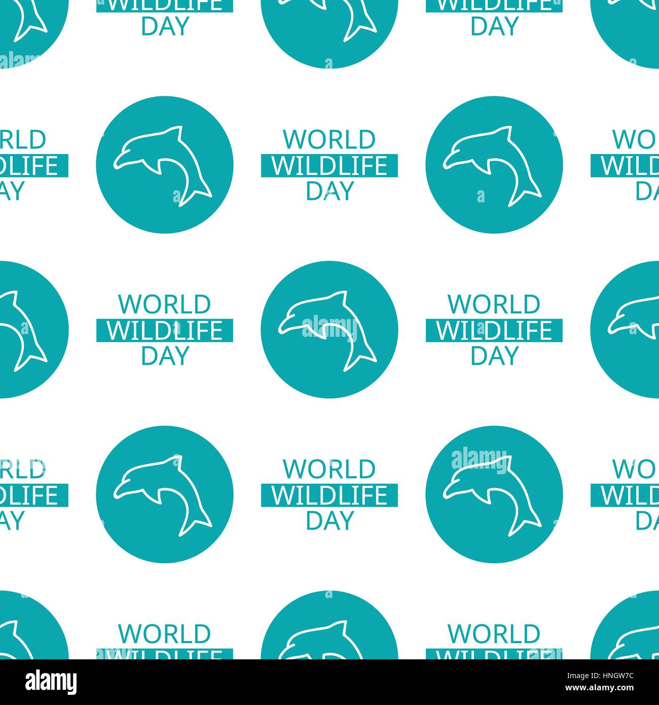 World Wildlife giorno tassellabile a sfondo. Vettore elemento di design, seamless pattern con simboli di animali marini. Dolphin e testo su bianco Illustrazione Vettoriale