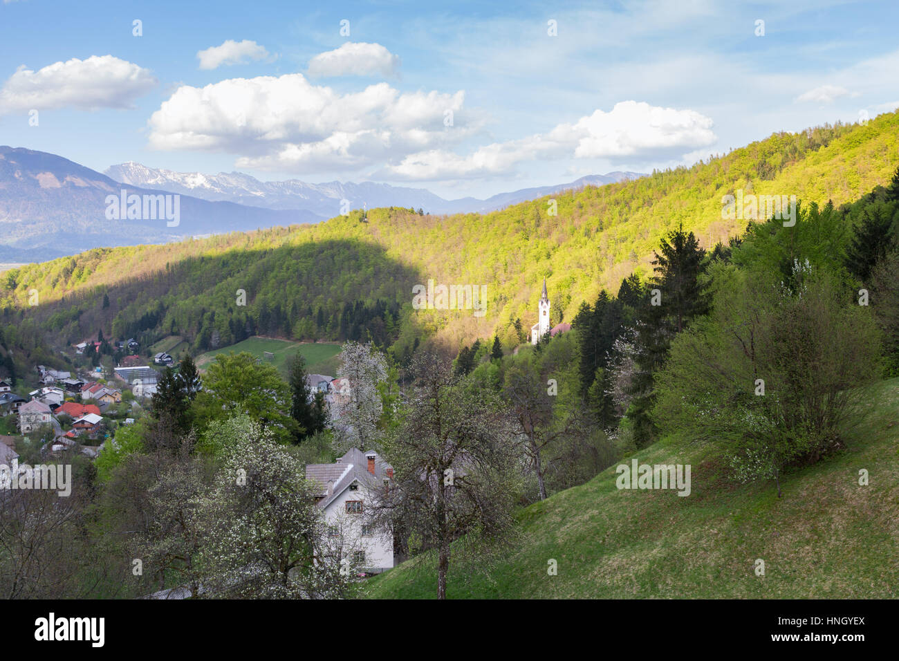 Tipico paesaggio di montagna e il villaggio in Slovenia,l'Europa Foto Stock