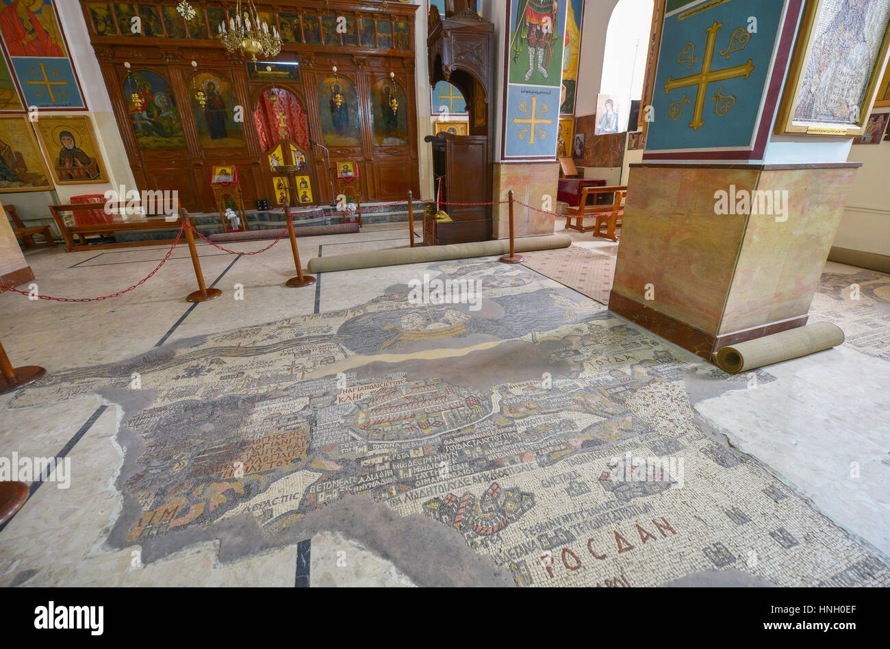 Mosaico in greco ortodossi Basilica di Saint George di Madaba, Giordania Foto Stock
