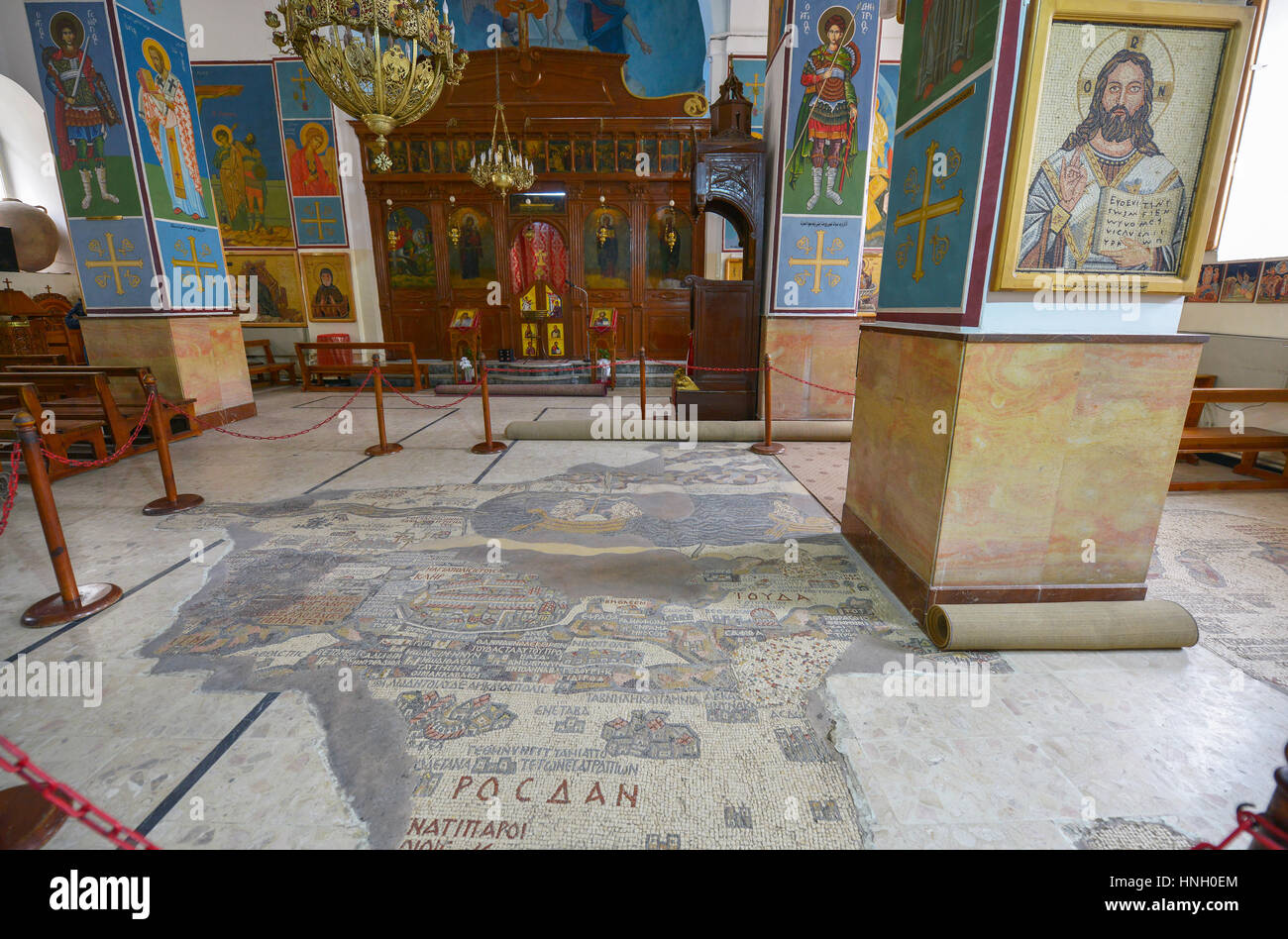 Mosaico in greco ortodossi Basilica di Saint George di Madaba, Giordania Foto Stock