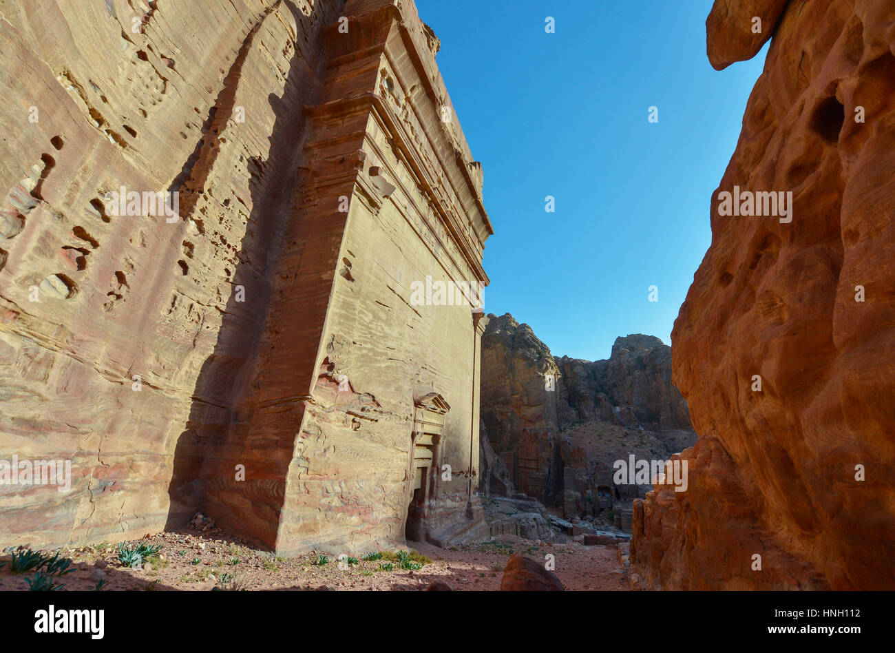 Antica città di Petra, Giordania. Petra ha portato alla sua designazione come Sito del Patrimonio Mondiale dell'UNESCO. Foto Stock