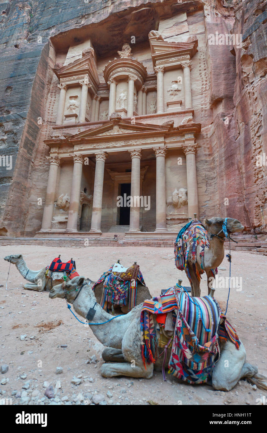 Al Khazneh nell'antica città di Petra, Giordania. Il tesoro. Petra ha portato alla sua designazione come Sito del Patrimonio Mondiale dell'UNESCO. Foto Stock