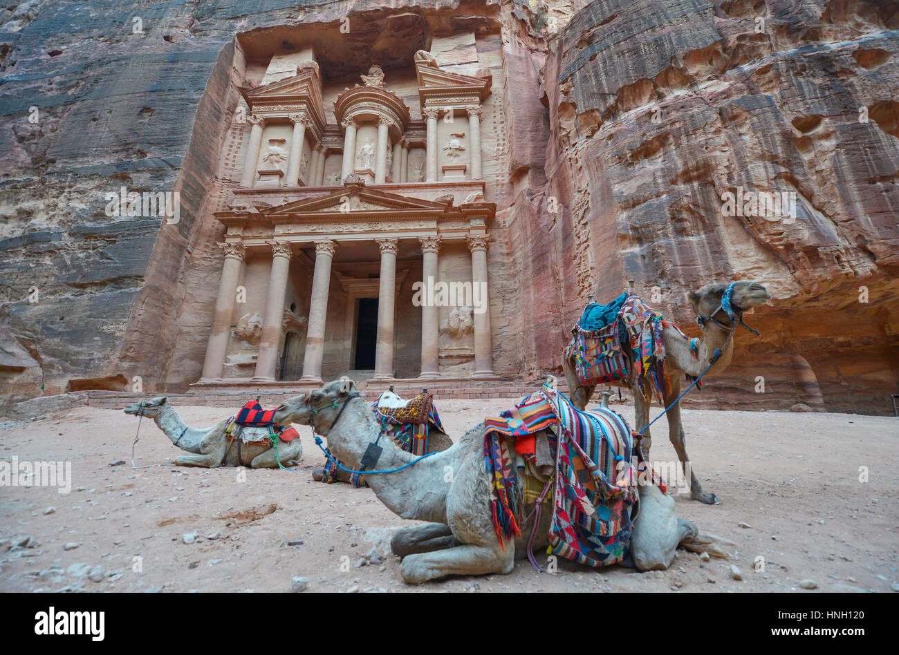 Al Khazneh nell'antica città di Petra, Giordania. Il tesoro. Petra ha portato alla sua designazione come Sito del Patrimonio Mondiale dell'UNESCO. Foto Stock