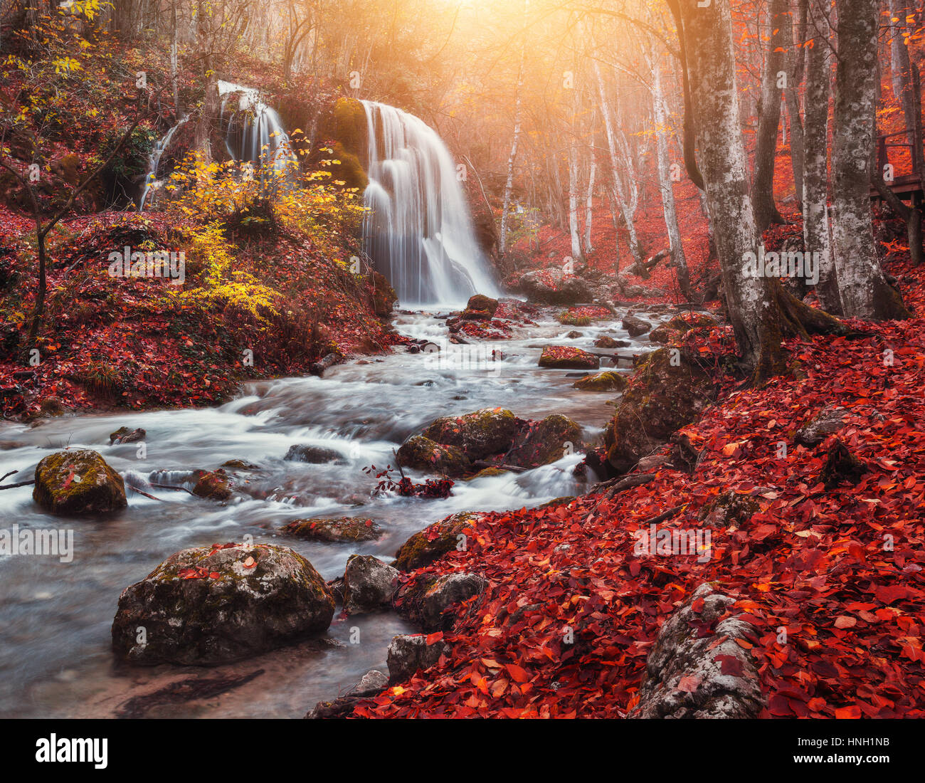 Cascata. Paesaggio colorato con bella cascata al fiume di montagna nella foresta con fogliame rosso al tramonto in autunno. Alberi con foglie rosse. St Foto Stock