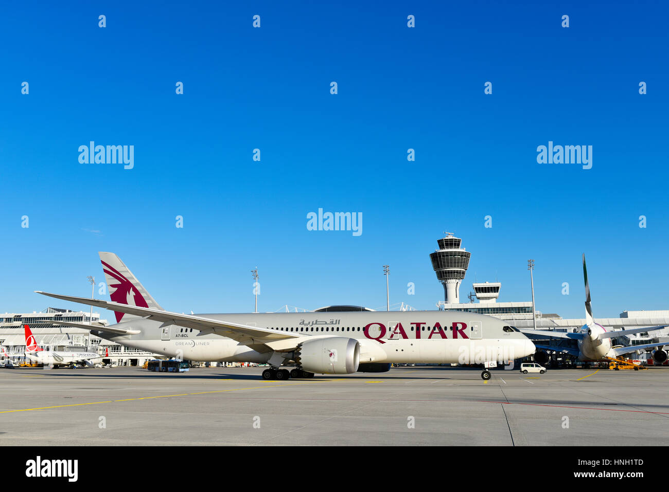 Qatar Airways Dreamliner Boeing, B 787, terminale 1, Genovesa Island, Monaco di Baviera, Baviera, Baviera, Germania Foto Stock