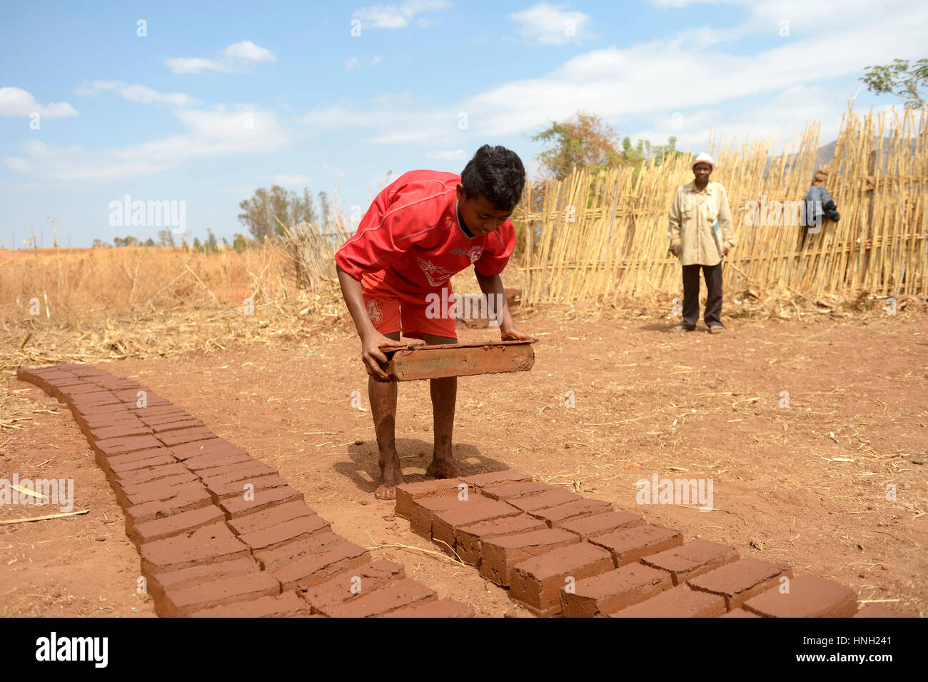 Adolescente a fabbricare mattoni, Analakely village, Tanambao comune, distretto di Tsiroanomandidy, Bongolava regione, Madagascar Foto Stock
