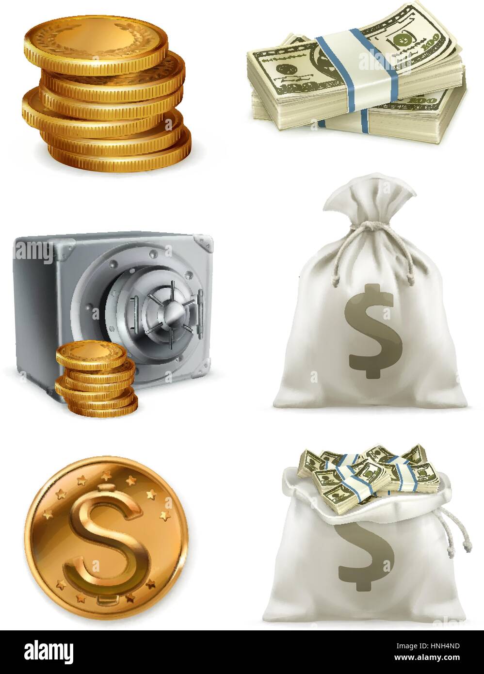La carta moneta e moneta in oro, moneybag. Vettore 3d imposta icona Illustrazione Vettoriale