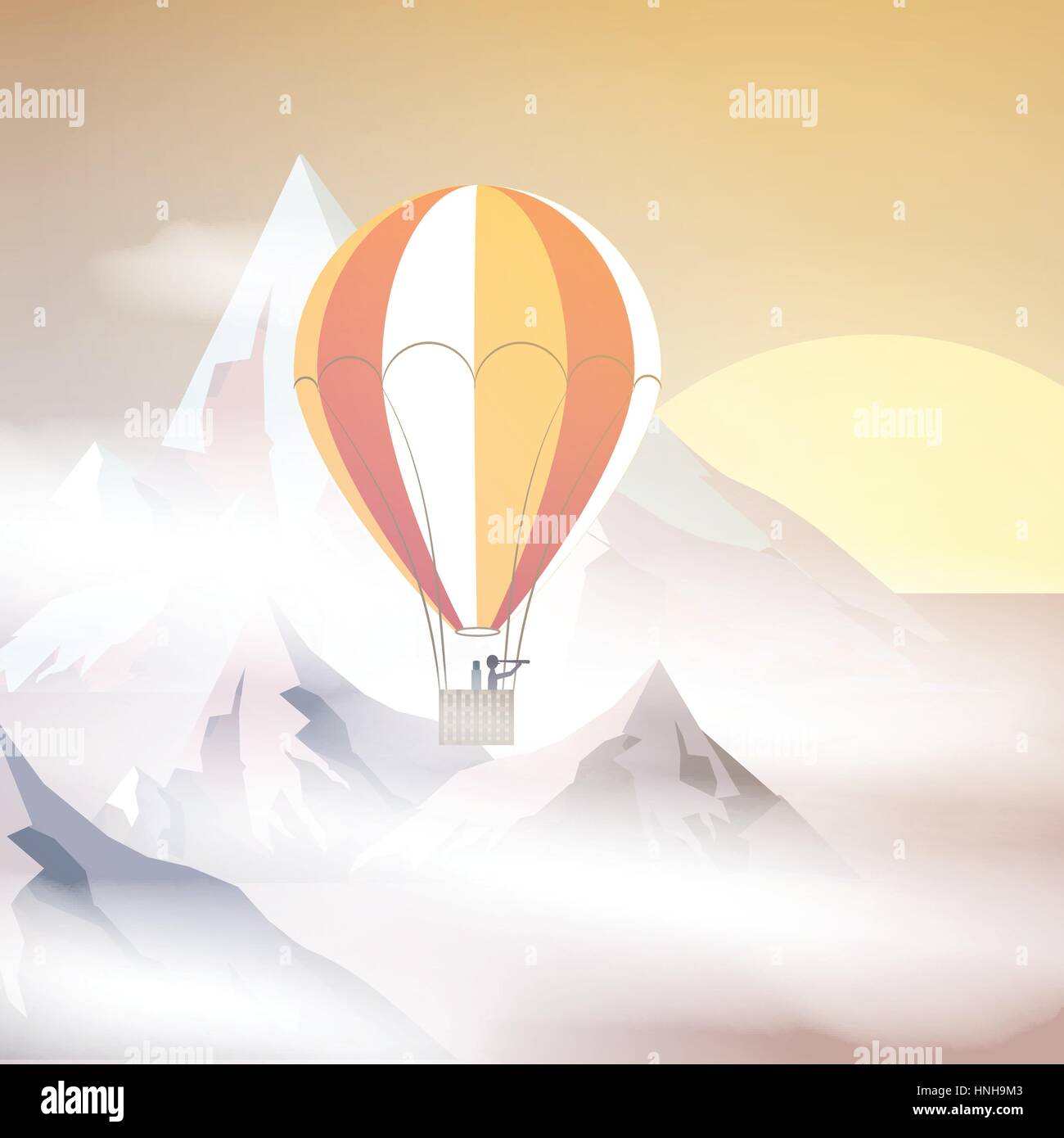 In mongolfiera ad aria calda vicino alla cima di una montagna con nuvole - Illustrazione Vettoriale Illustrazione Vettoriale