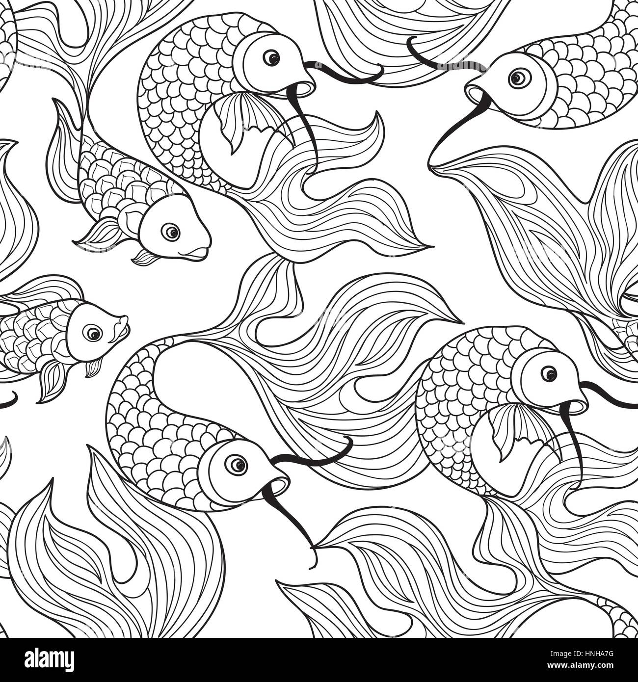 Pesce isolato su sfondo bianco. doodle line art seamless modello di vita sottomarina in rétro in stile cinese. Illustrazione Vettoriale